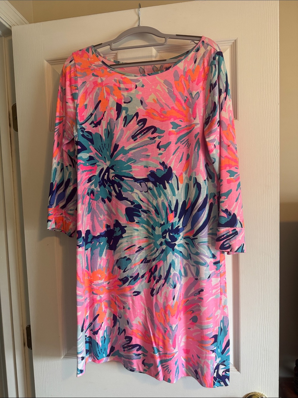 Lilly Pulitzer Pink Floral-Print Midi Dress with Blue Accents